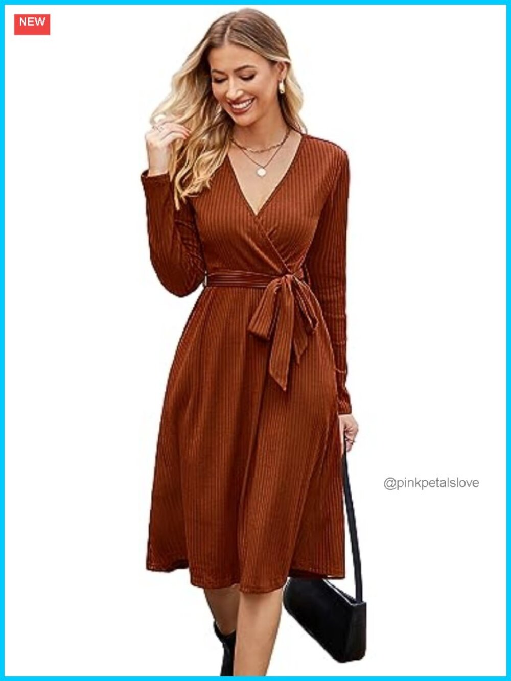 Newshows Women's Ribbed Knit Sweater Dress Long Sleeve Midi Belted Teacher